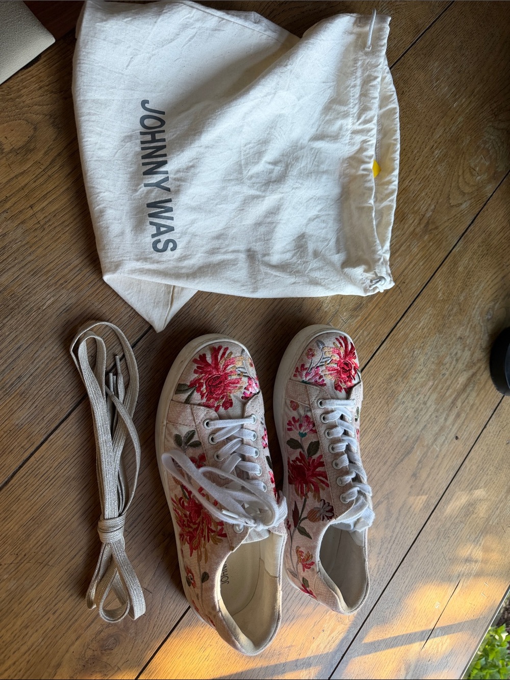 Johnny Was Beige Canvas Sneakers with Red and Pink Floral Embroidery